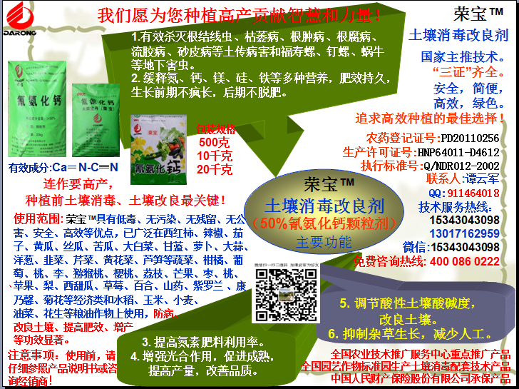 榮寶（氰氨化鈣）顆粒殺菌劑，土壤消毒、緩釋氮鈣營(yíng)養(yǎng)、肥料增效、土壤改良四效合一，殺滅根結(jié)線(xiàn)蟲(chóng)，防治根腫病、根腐病、枯萎病、流膠病、蓮藕腐敗病等土傳病害，殺滅福壽螺、釘螺等地下害蟲(chóng)，解決連作障礙